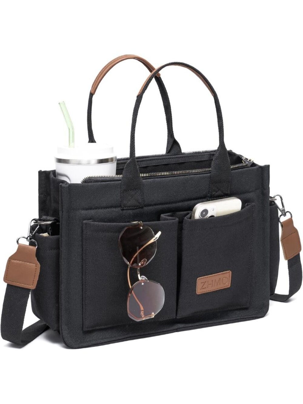 Women's New Upgrade Black Canvas Tote Bag Large Crossbody Travel Handbags Purse